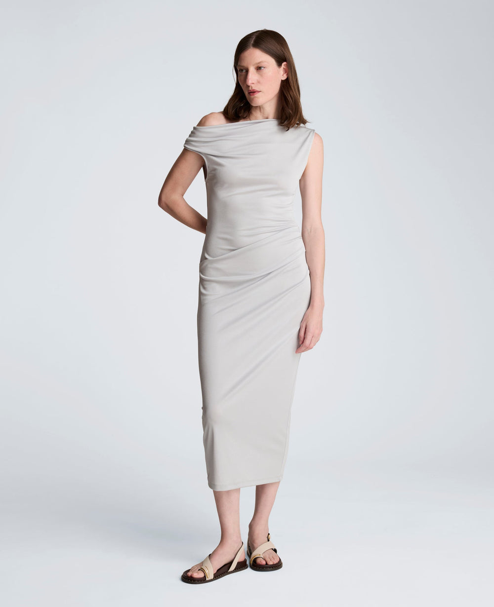 Kenneth Cole Ruched Waist Midi Off-The-Shoulder Dress | STONE GREY