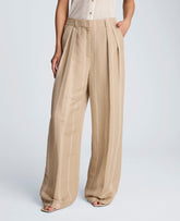 Kenneth Cole Striped Linen Blend High Rise Fly Front Double Pleat Wide Leg Pant | TIMELESS TAUPE/WHITE