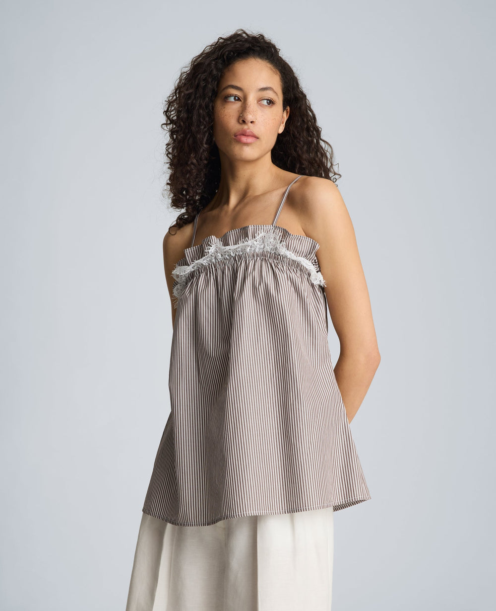 Kenneth Cole Shirred Neck Cami with Lace Trim Detail | BRUNETTE/PURE WHITE