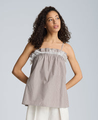Kenneth Cole Shirred Neck Cami with Lace Trim Detail | BRUNETTE/PURE WHITE