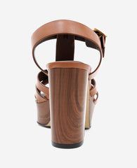 Kenneth Cole Lotus Woven Leather T-Strap Wood Platform Sandal | LUGGAGE LEATHER