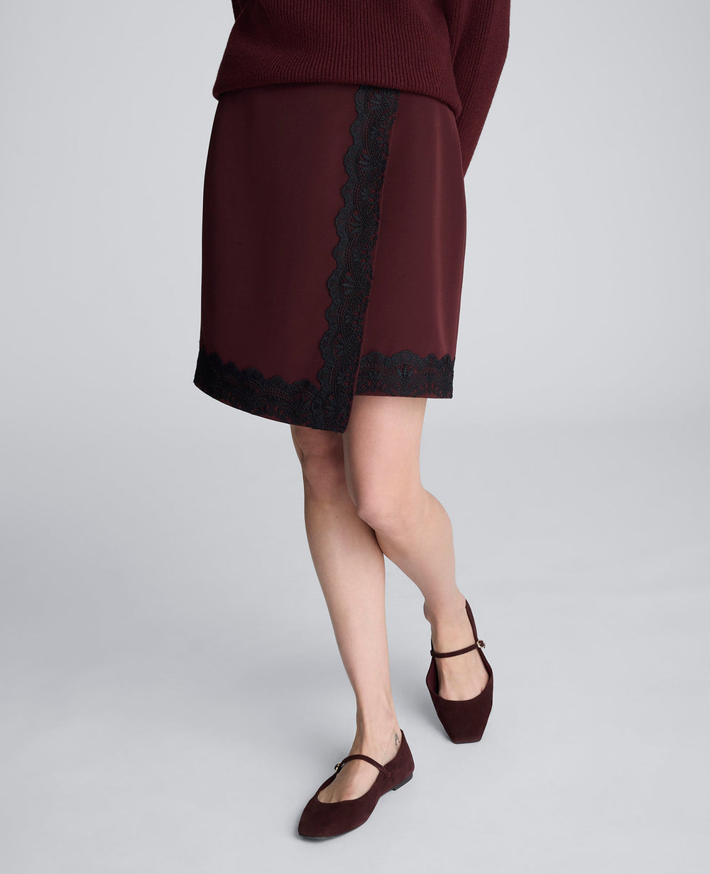 Kenneth Cole Luxe Twill Faux Wrap Mini Skirt With Lace Trim | SUGAR BEET