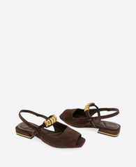 Kenneth Cole Illia Suede Open Toe Hardware Flat Slingback | CHOCOLATE SUEDE