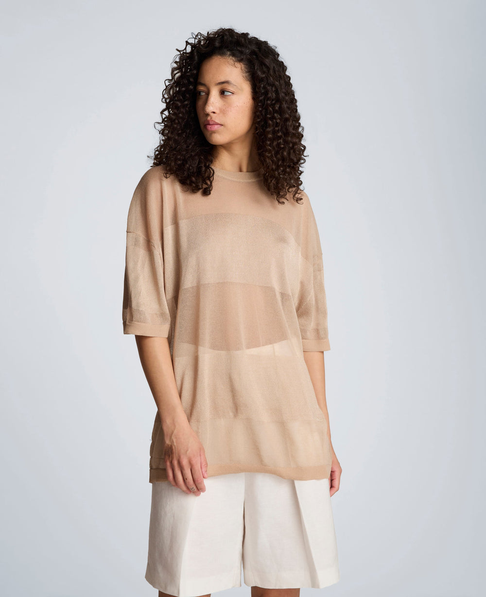 Kenneth Cole Shiny Semi Sheer Stripe Crew Neck | TIMELESS TAUPE