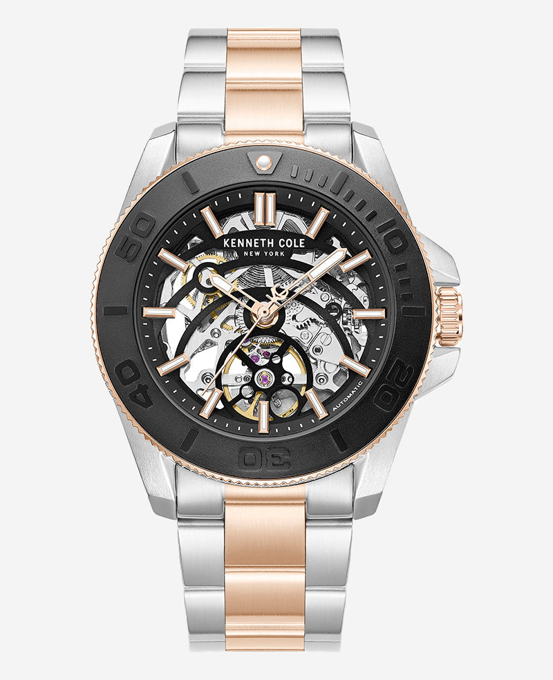 Kenneth Cole Skeleton Automatic Black Contrast Dial Two Tone Bracelet Watch | TT SILVER/ROSE GOLD