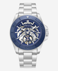 Kenneth Cole Skeleton Automatic Blue Contrast Dial Bracelet Watch | SILVER/BLUE