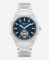 Kenneth Cole Skeleton Automatic Blue Dial Stainless Steel Bracelet Watch | SILVER