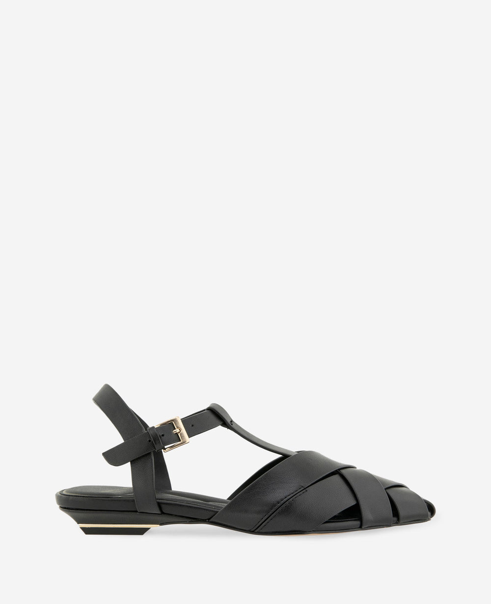 Kenneth Cole Bindy Woven Leather T-Strap Sandal | BLACK LEATHER