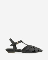 Kenneth Cole Bindy Woven Leather T-Strap Sandal | BLACK LEATHER