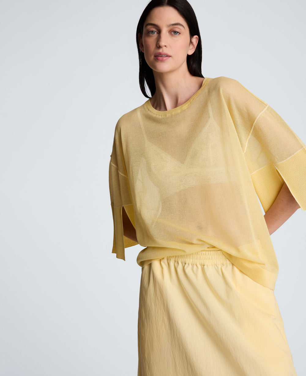 Kenneth Cole Semi Sheer Crew Neck with Slit Sleeves | PASTEL YELLOW