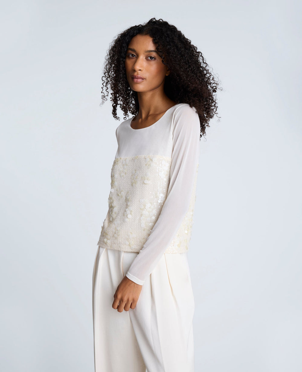 Kenneth Cole Shop Sequin Mesh Long Sleeve Top in Oyster | Kenneth Cole | OYSTER