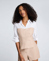 Kenneth Cole Poplin Y-Neck Top Vegan Leather Bustier | Kenneth Cole | PURE WHITE/CANYON SAND
