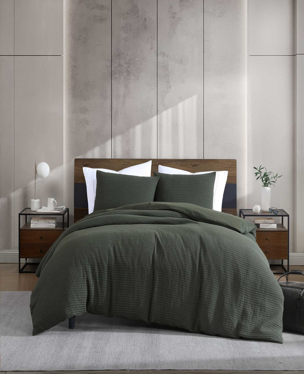 Kenneth Cole Solid Waffle Duvet Set | GREEN