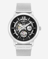Kenneth Cole Skeleton Automatic Black Dial Stainless Steel Mesh Strap Watch | SILVER