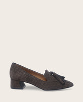 Kenneth Cole Glova Embossed Suede Tassel Heel – Chocolate | Gentle Souls | CHOCOLATE SUEDE