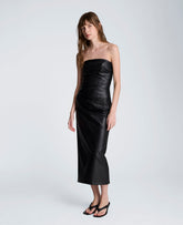 Kenneth Cole Tucked Detail Midi Strapless Vegan Leather Dress | BLACK