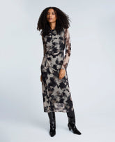 Kenneth Cole Shop Printed Mesh Knot Front Long Sleeve Midi Dress | KC | BLACK MULTI
