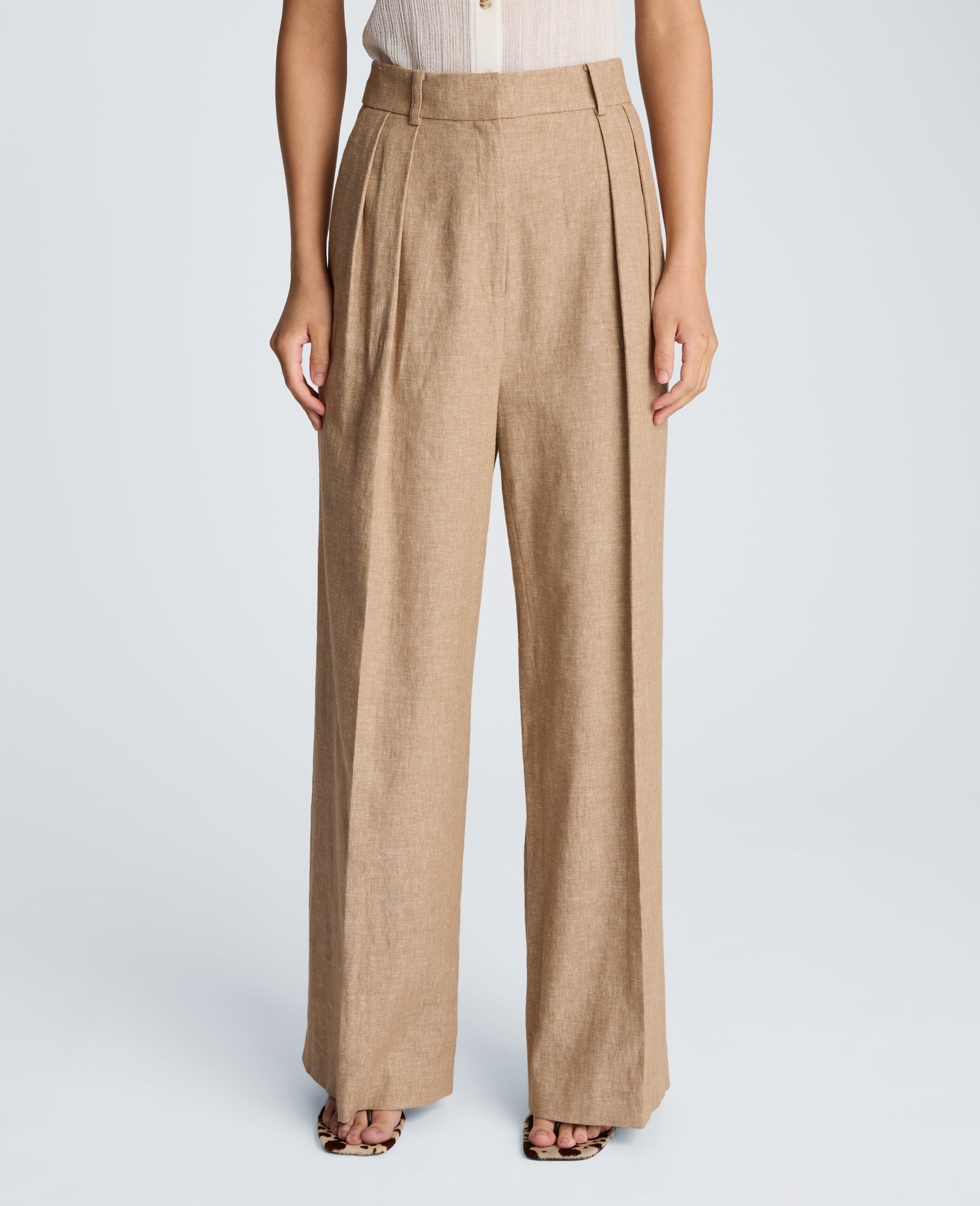 Kenneth Cole High Rise Fly Front Double Pleat Wide Leg Linen Blend Pant | MESA TAUP/MELANGE