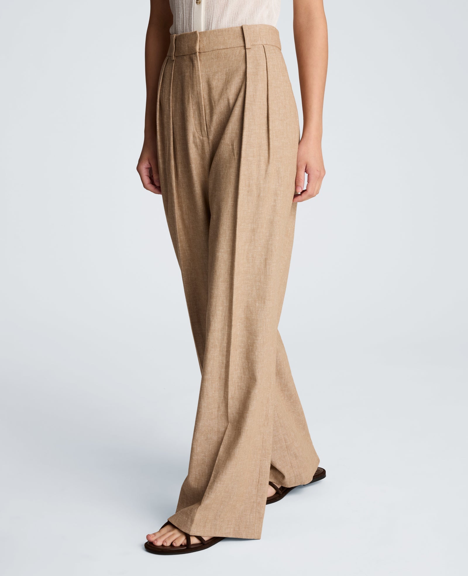 Kenneth Cole High Rise Fly Front Double Pleat Wide Leg Linen Blend Pant | MESA TAUP/MELANGE