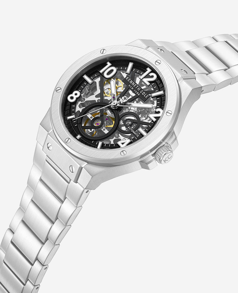 Kenneth Cole Skeleton Automatic Silver-IP Black Dial Stainless Steel Bracelet Watch | SILVER