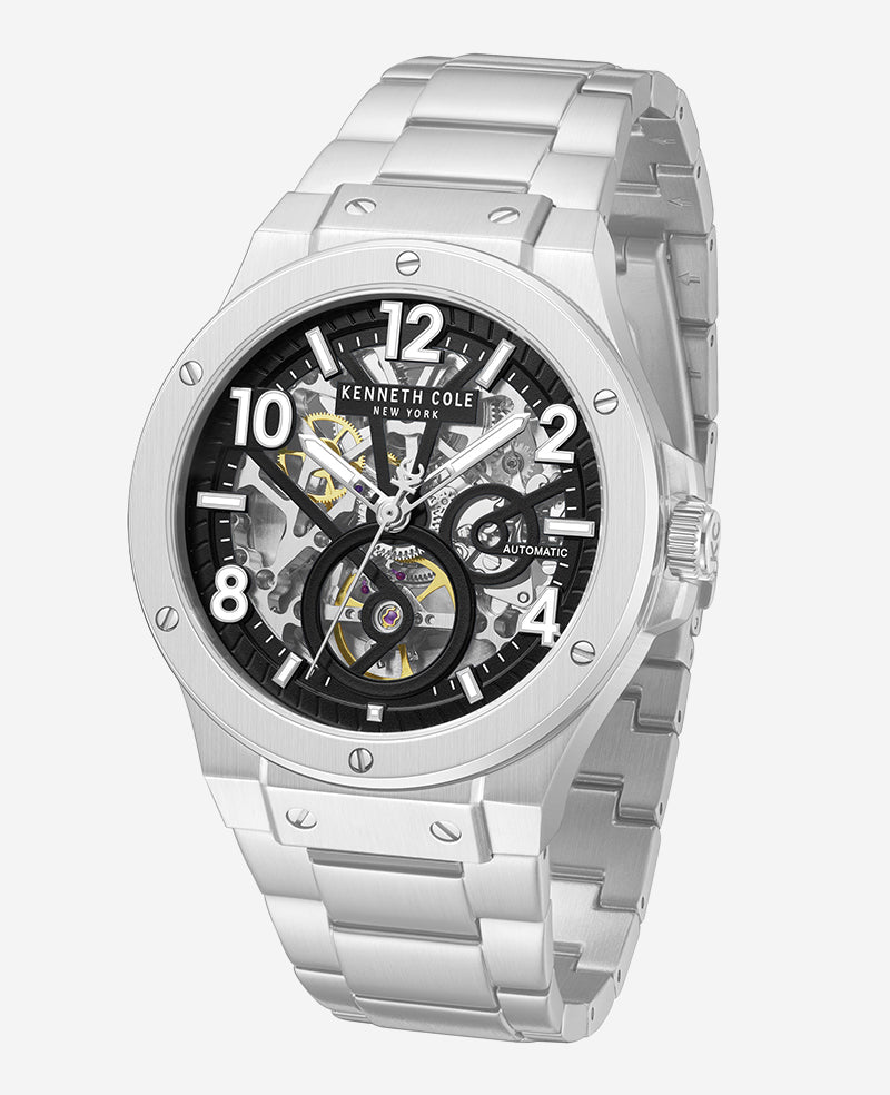 Kenneth Cole Skeleton Automatic Silver-IP Black Dial Stainless Steel Bracelet Watch | SILVER