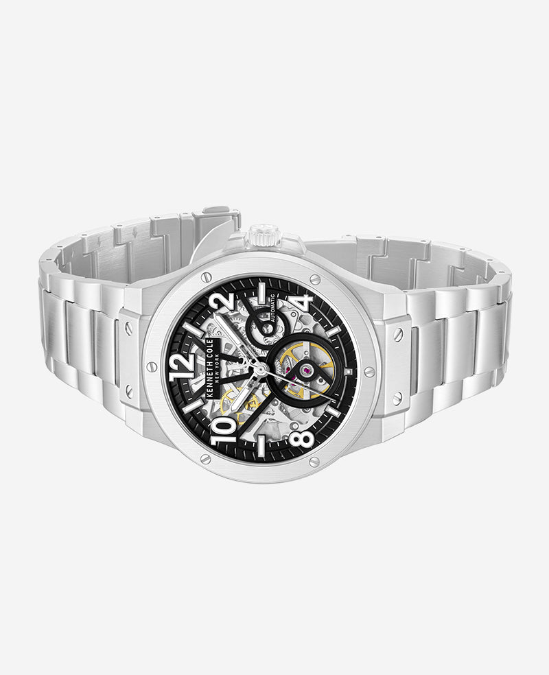 Kenneth Cole Skeleton Automatic Silver-IP Black Dial Stainless Steel Bracelet Watch | SILVER