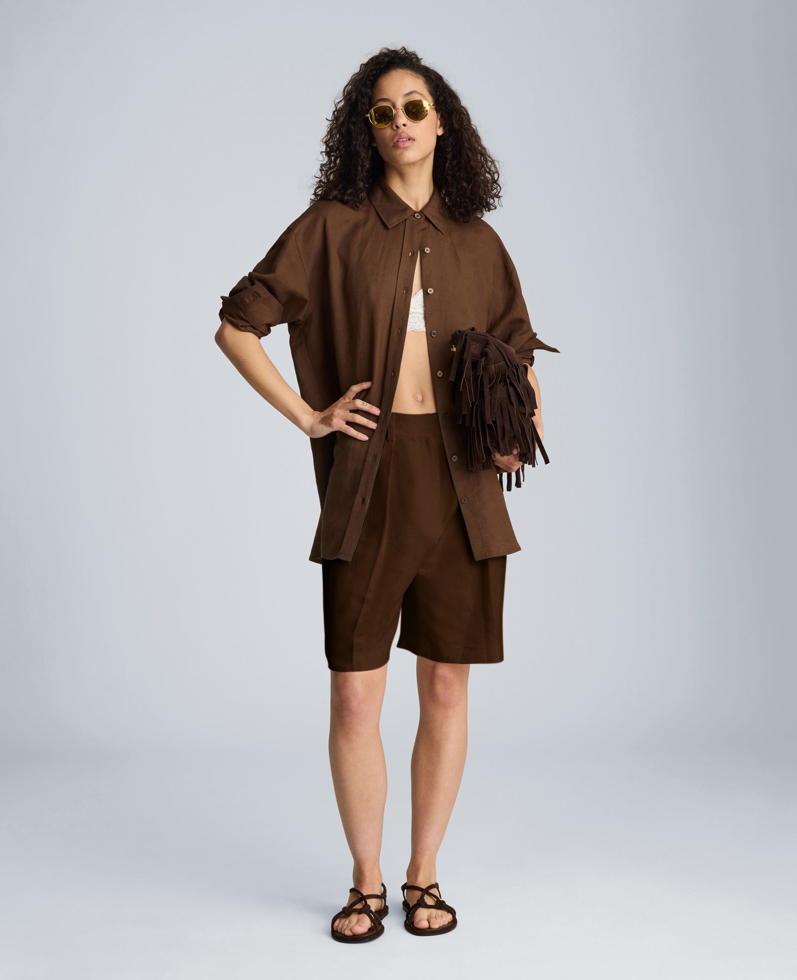 Kenneth Cole Fly Front High Rise Pleated Bermuda Short | BRUNETTE