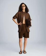 Kenneth Cole Fly Front High Rise Pleated Bermuda Short | BRUNETTE