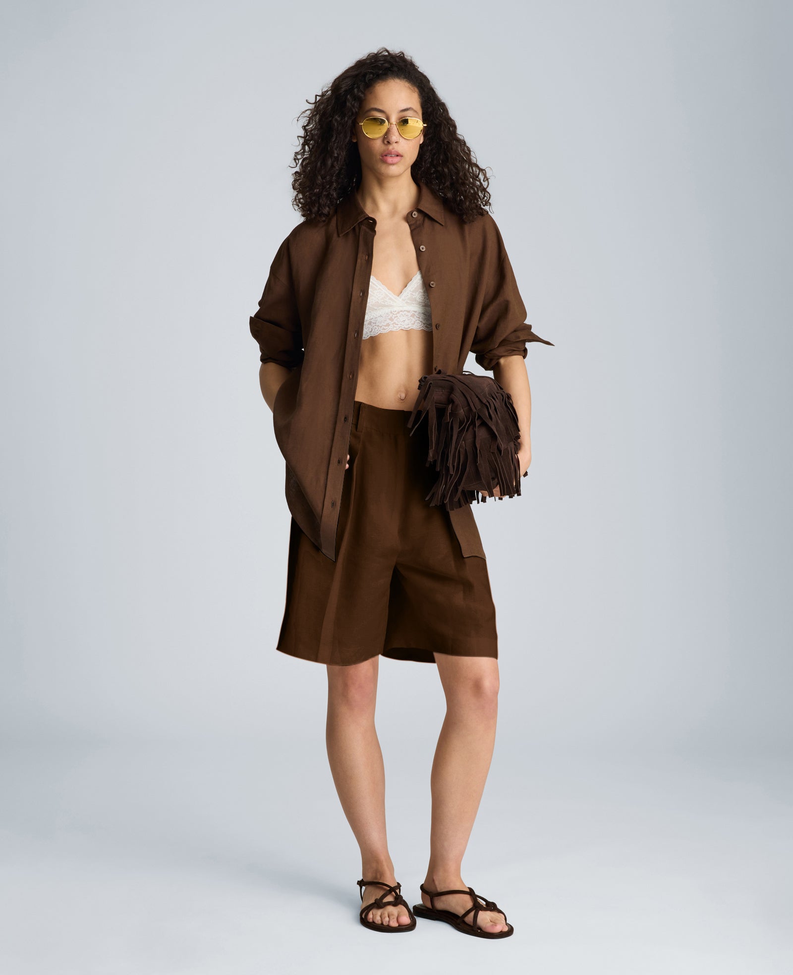 Kenneth Cole Fly Front High Rise Pleated Bermuda Short | BRUNETTE