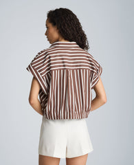 Kenneth Cole Pleat Cross Over Front Shirt Sleeve Crop Shirt | BRUNETTE/PUR WHT