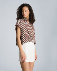 Kenneth Cole Pleat Cross Over Front Shirt Sleeve Crop Shirt | BRUNETTE/PUR WHT