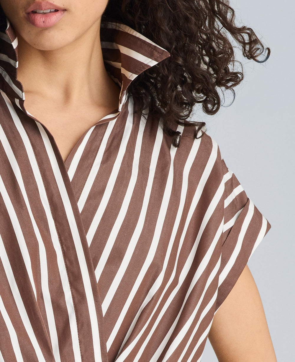 Kenneth Cole Pleat Cross Over Front Shirt Sleeve Crop Shirt | BRUNETTE/PUR WHT