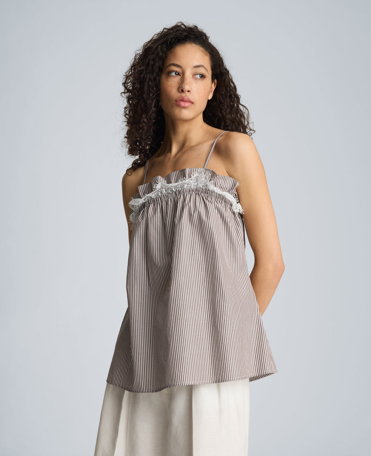 Kenneth Cole Shirred Neck Cami with Lace Trim Detail | BRUNETTE/PURE WHITE