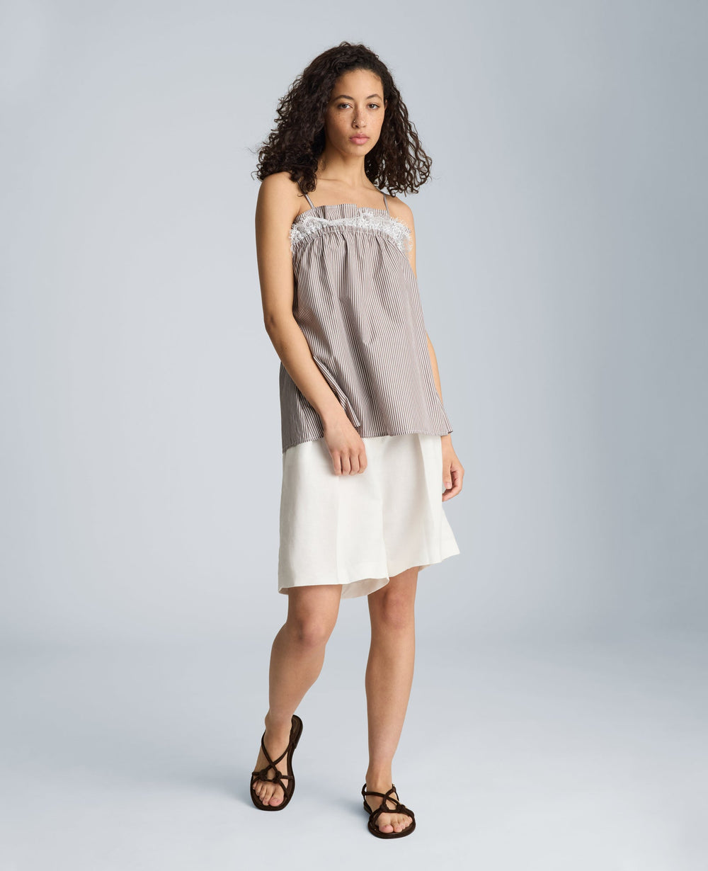 Kenneth Cole Shirred Neck Cami with Lace Trim Detail | BRUNETTE/PURE WHITE
