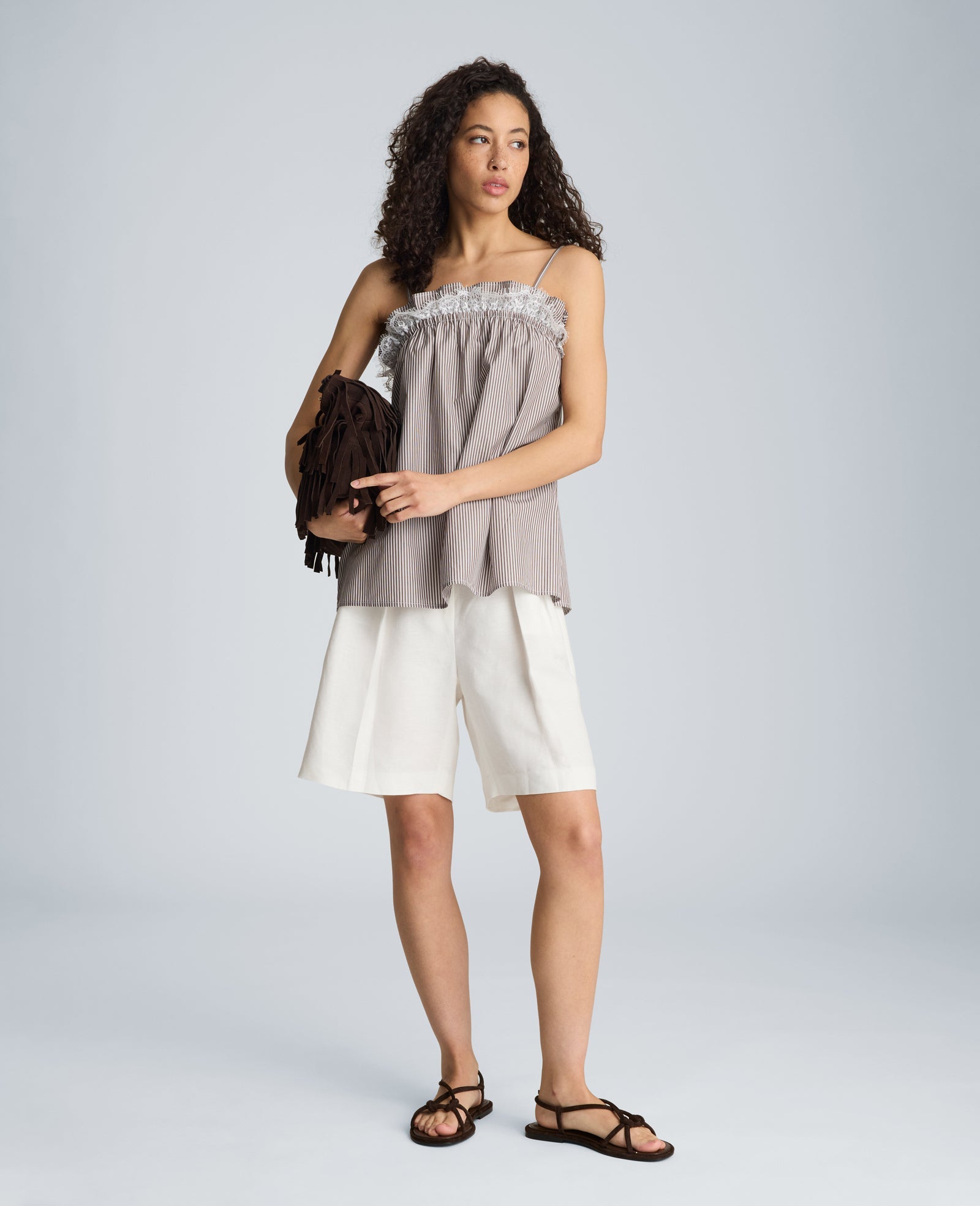 Kenneth Cole Shirred Neck Cami with Lace Trim Detail | BRUNETTE/PURE WHITE