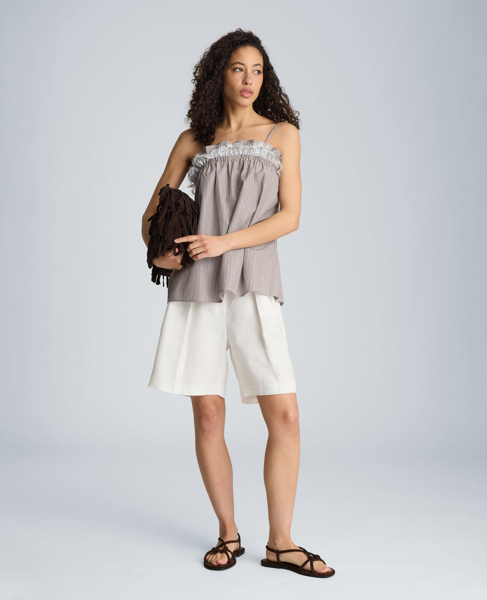 Kenneth Cole Shirred Neck Cami with Lace Trim Detail | BRUNETTE/PURE WHITE