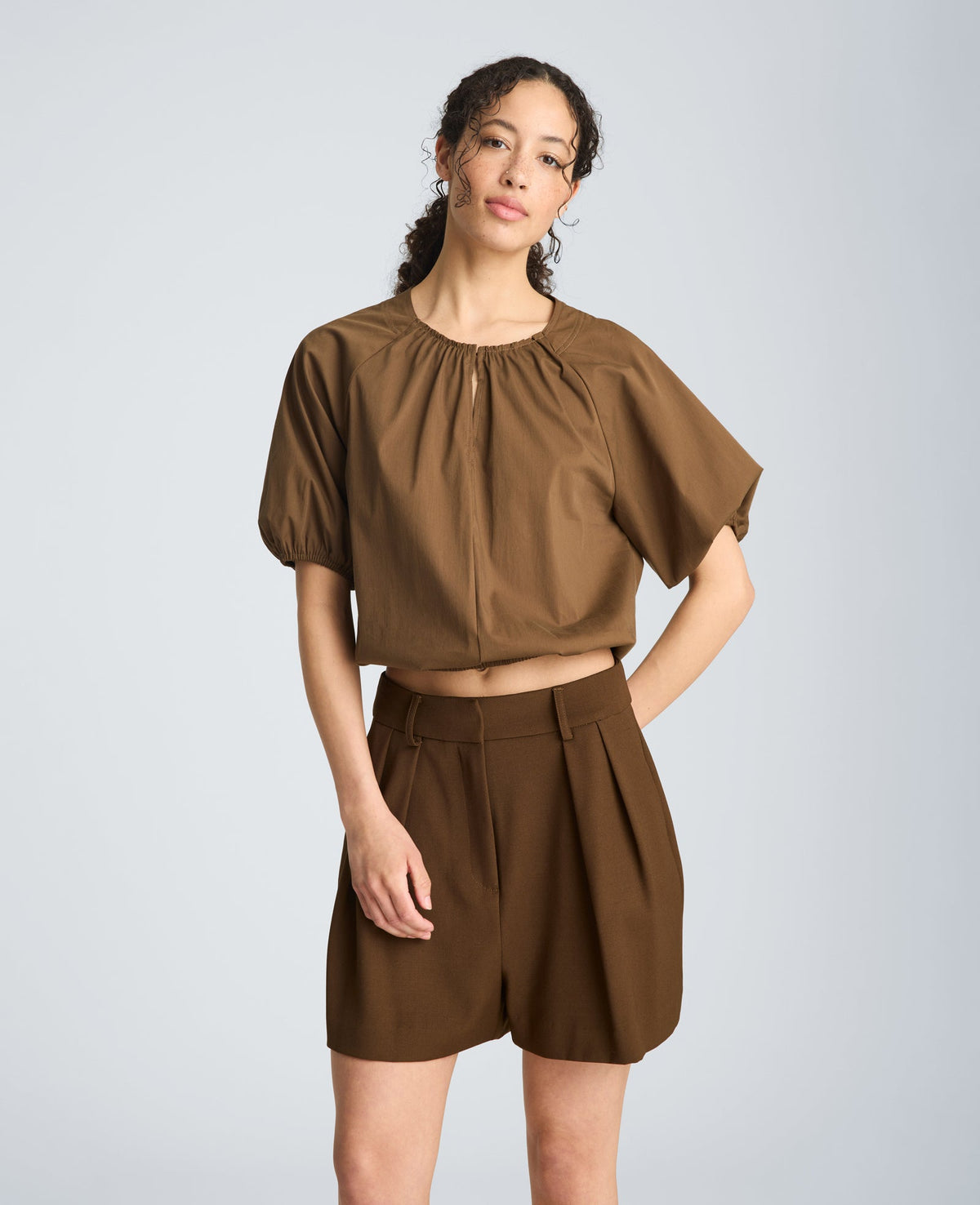Kenneth Cole Shirred Neck Raglan Bubble Blouse | BRUNETTE