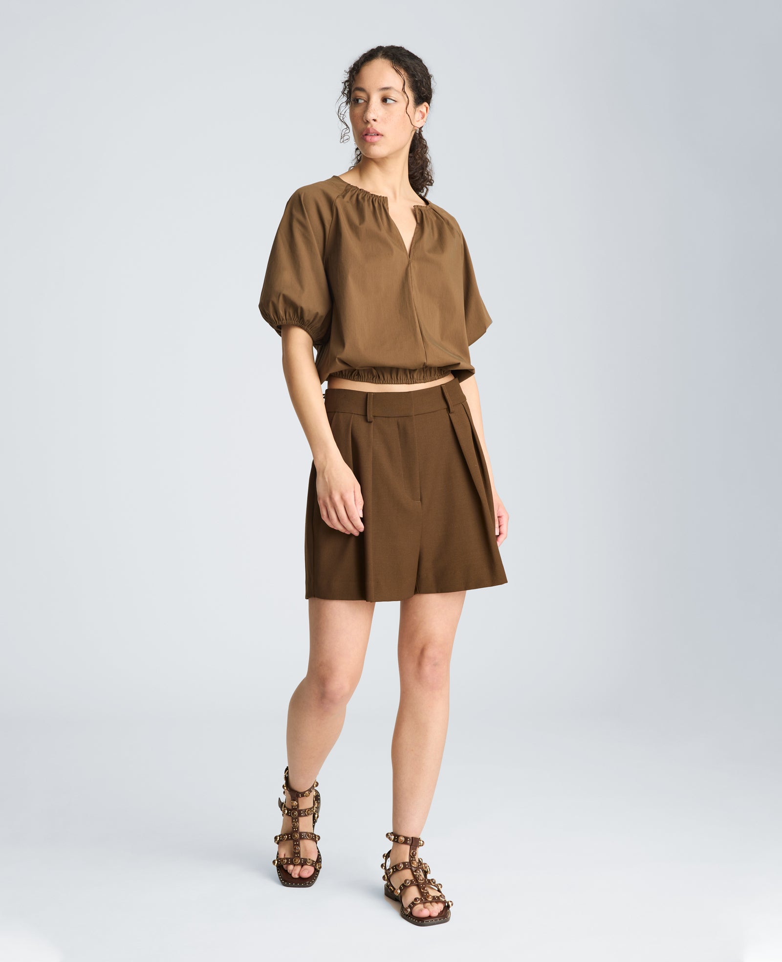 Kenneth Cole Shirred Neck Raglan Bubble Blouse | BRUNETTE