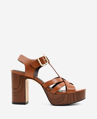 Kenneth Cole Lotus Woven Leather T-Strap Wood Platform Sandal | LUGGAGE LEATHER