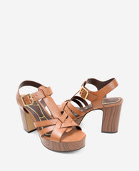 Kenneth Cole Lotus Woven Leather T-Strap Wood Platform Sandal | LUGGAGE LEATHER