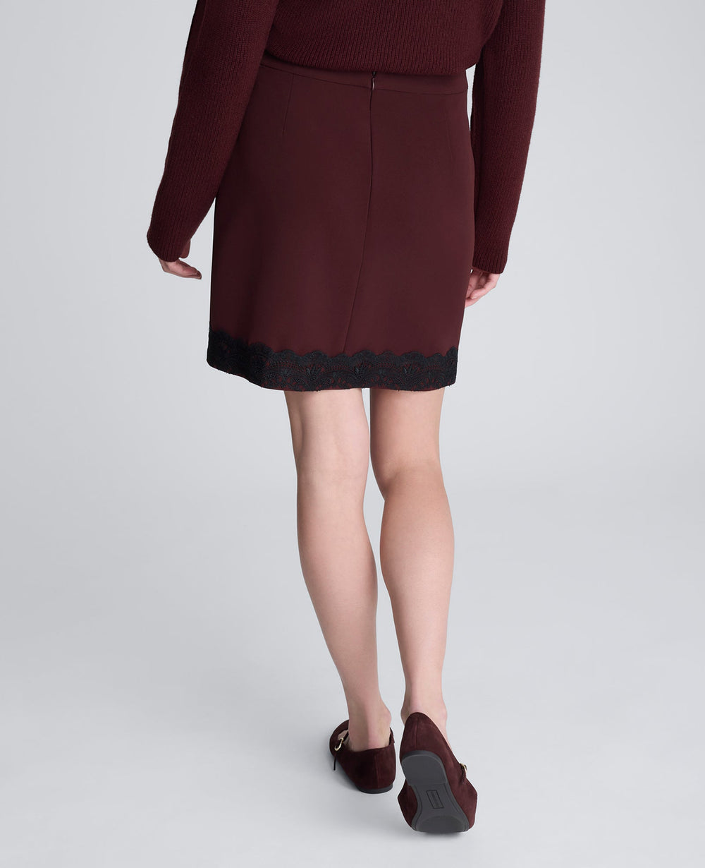 Kenneth Cole Luxe Twill Faux Wrap Mini Skirt With Lace Trim | SUGAR BEET