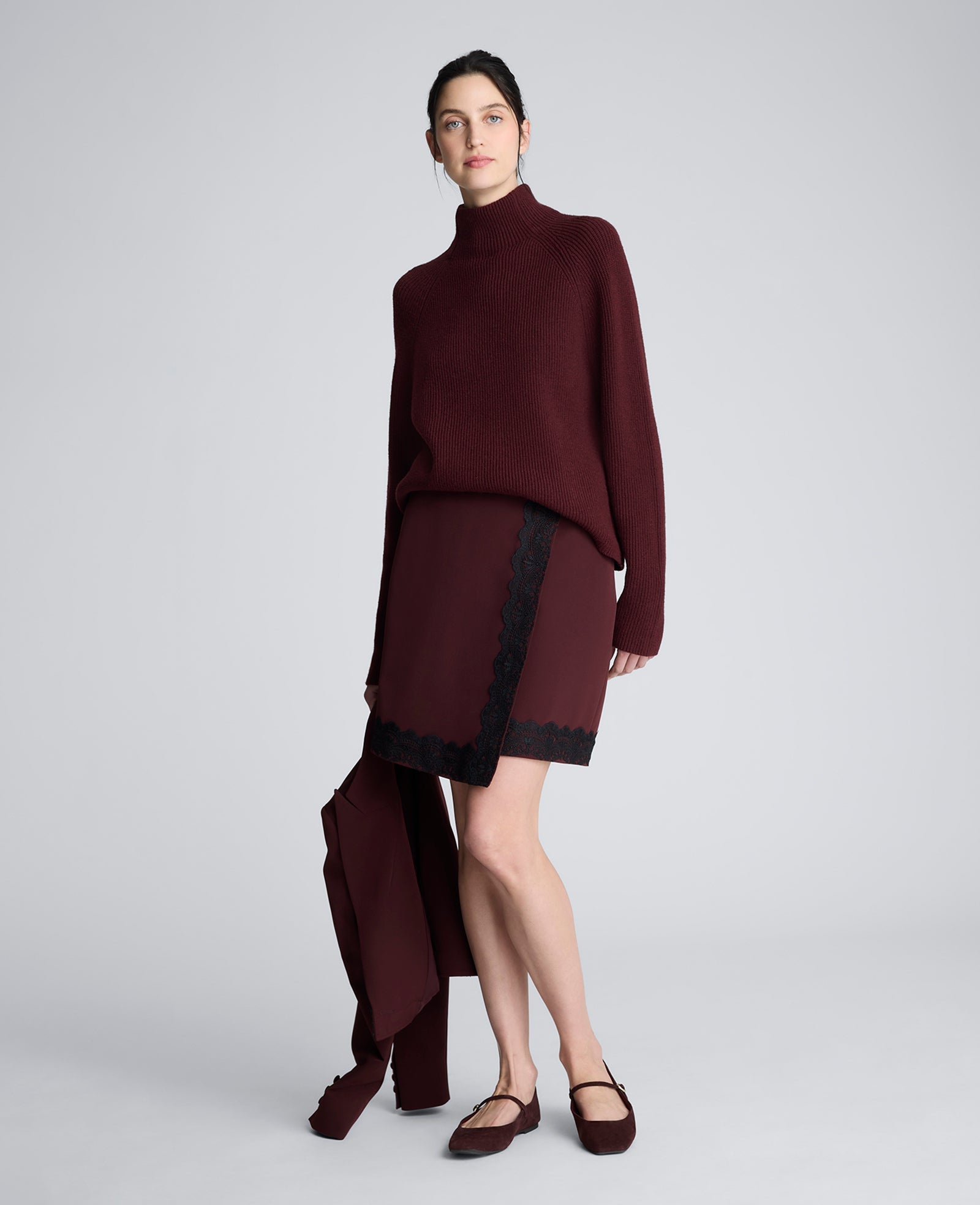 Kenneth Cole Luxe Twill Faux Wrap Mini Skirt With Lace Trim | SUGAR BEET