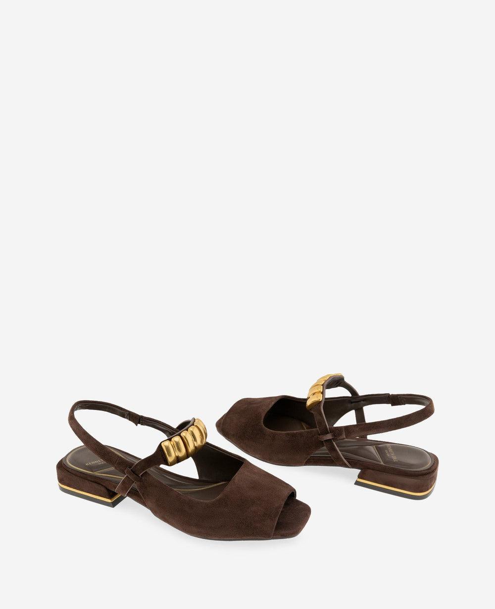 Kenneth Cole Illia Suede Open Toe Hardware Flat Slingback | CHOCOLATE SUEDE