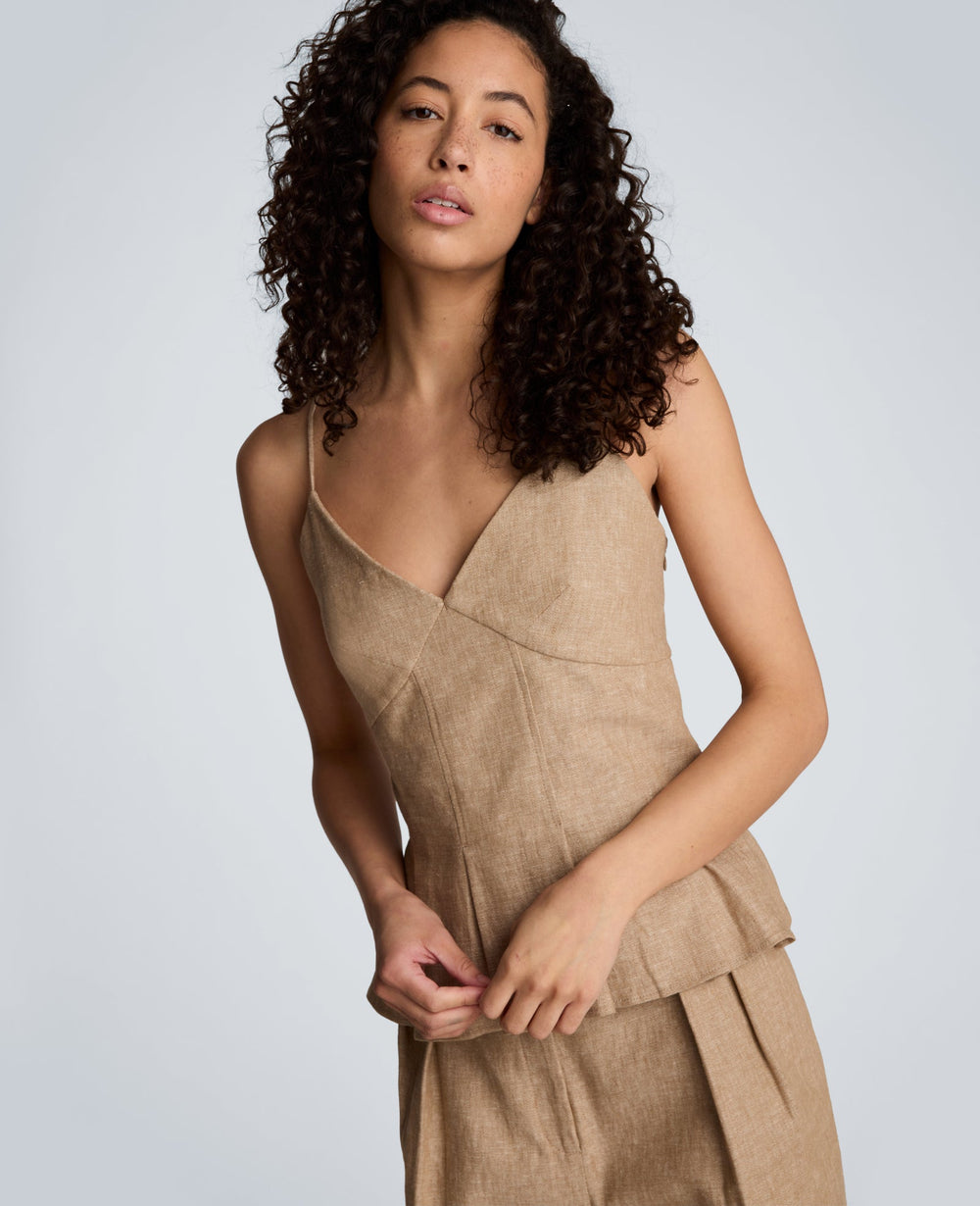 Kenneth Cole Linen Fitted Cami with Pleated Body | MESA TAUP/MELANGE