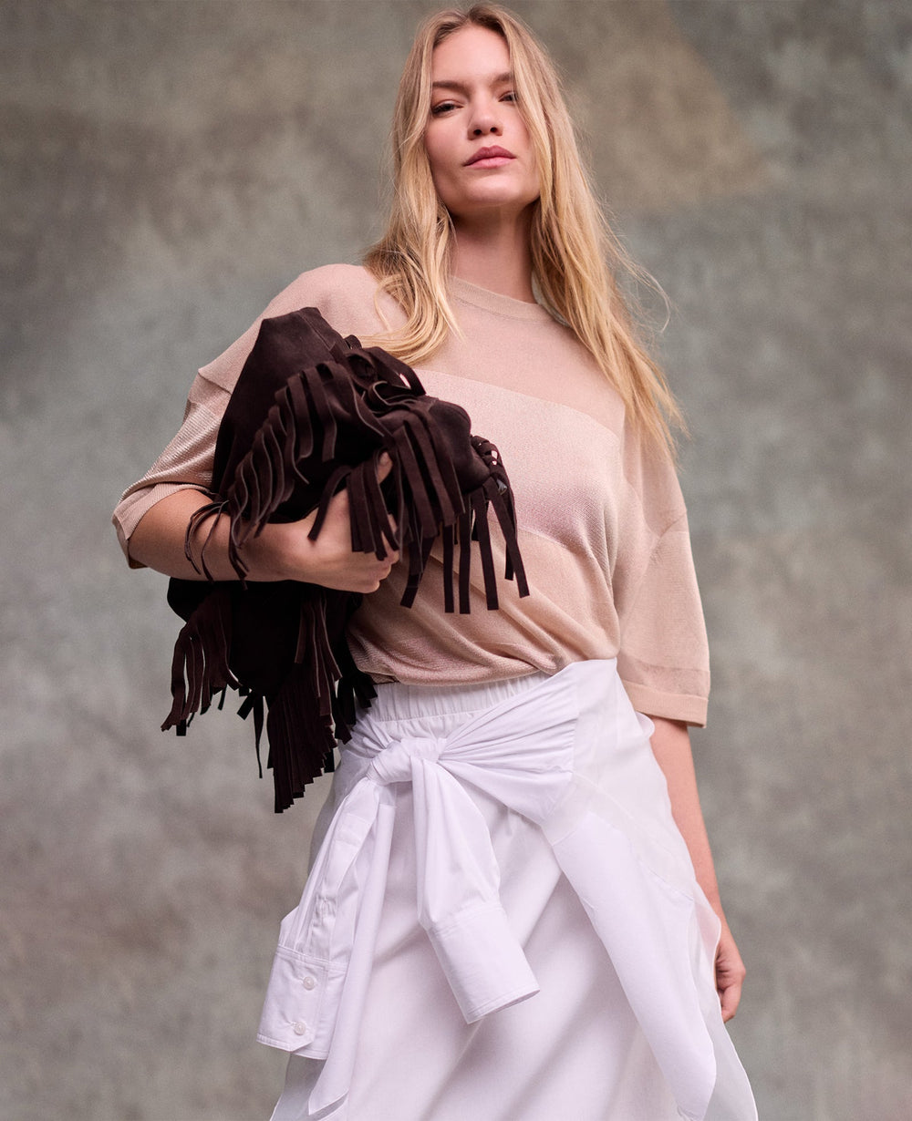 Kenneth Cole Shiny Semi Sheer Stripe Crew Neck | TIMELESS TAUPE