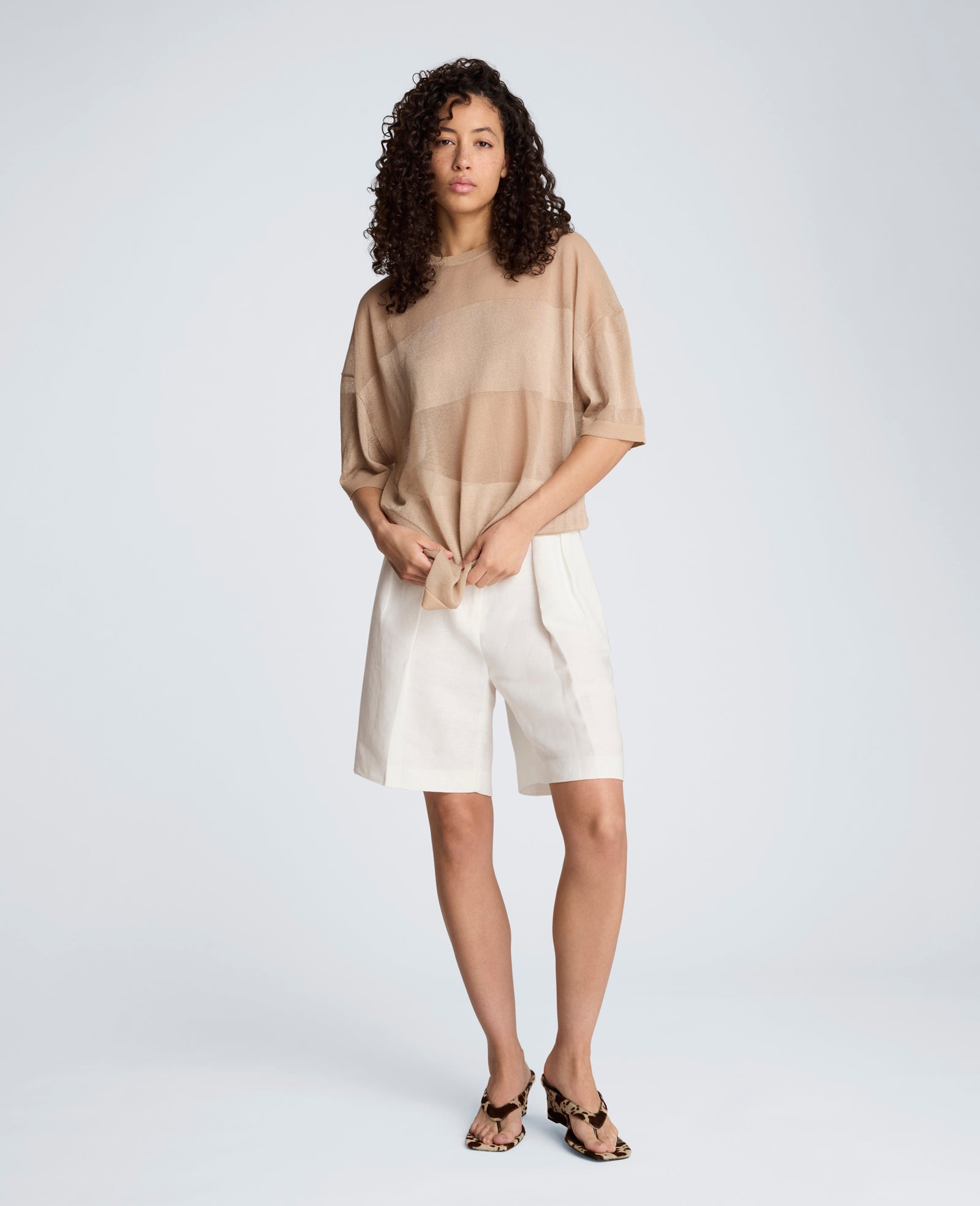 Kenneth Cole Shiny Semi Sheer Stripe Crew Neck | TIMELESS TAUPE