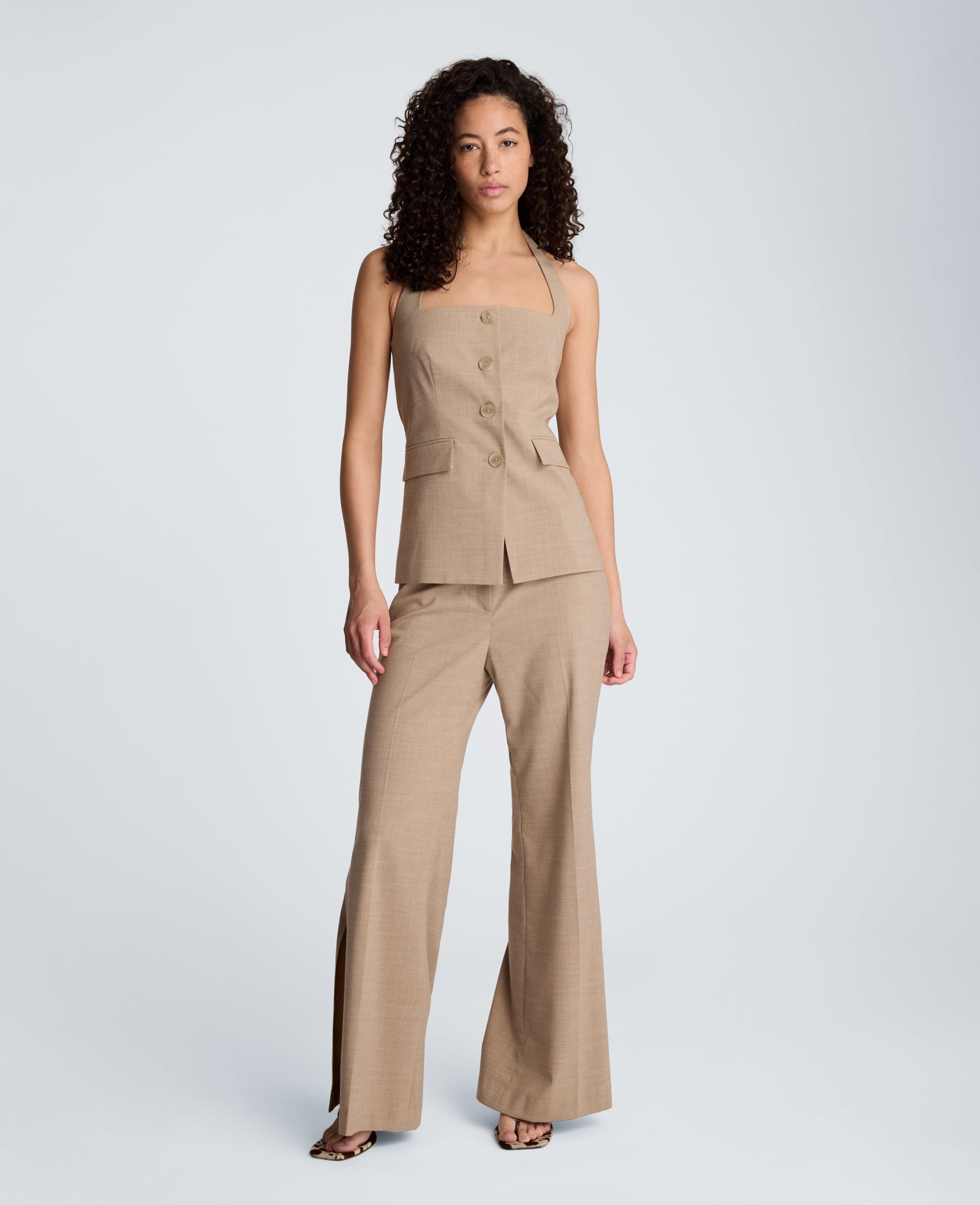 Kenneth Cole Crosshatch Weave Four Button Halter Vest with Flap Pockets | TIMELESS TAUPE