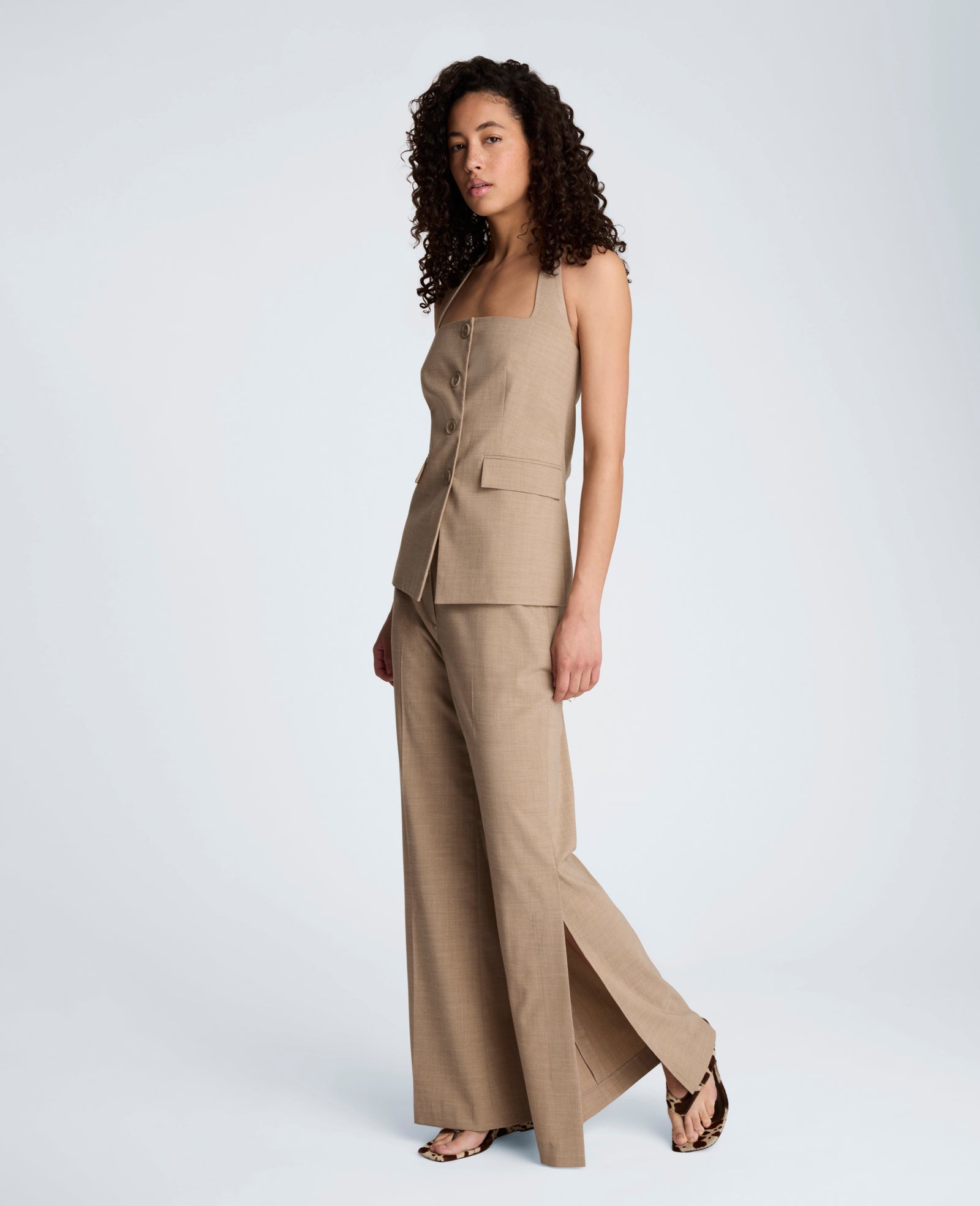 Kenneth Cole Crosshatch Weave Four Button Halter Vest with Flap Pockets | TIMELESS TAUPE