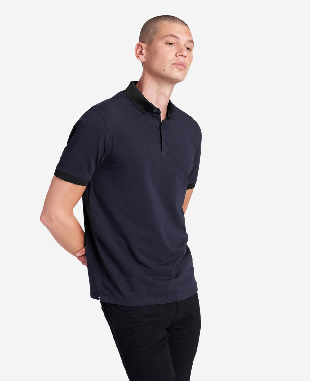 Kenneth Cole Navy Polo Shirt with Colorblock Collar – 4-Way Stretch | KC | NAVY