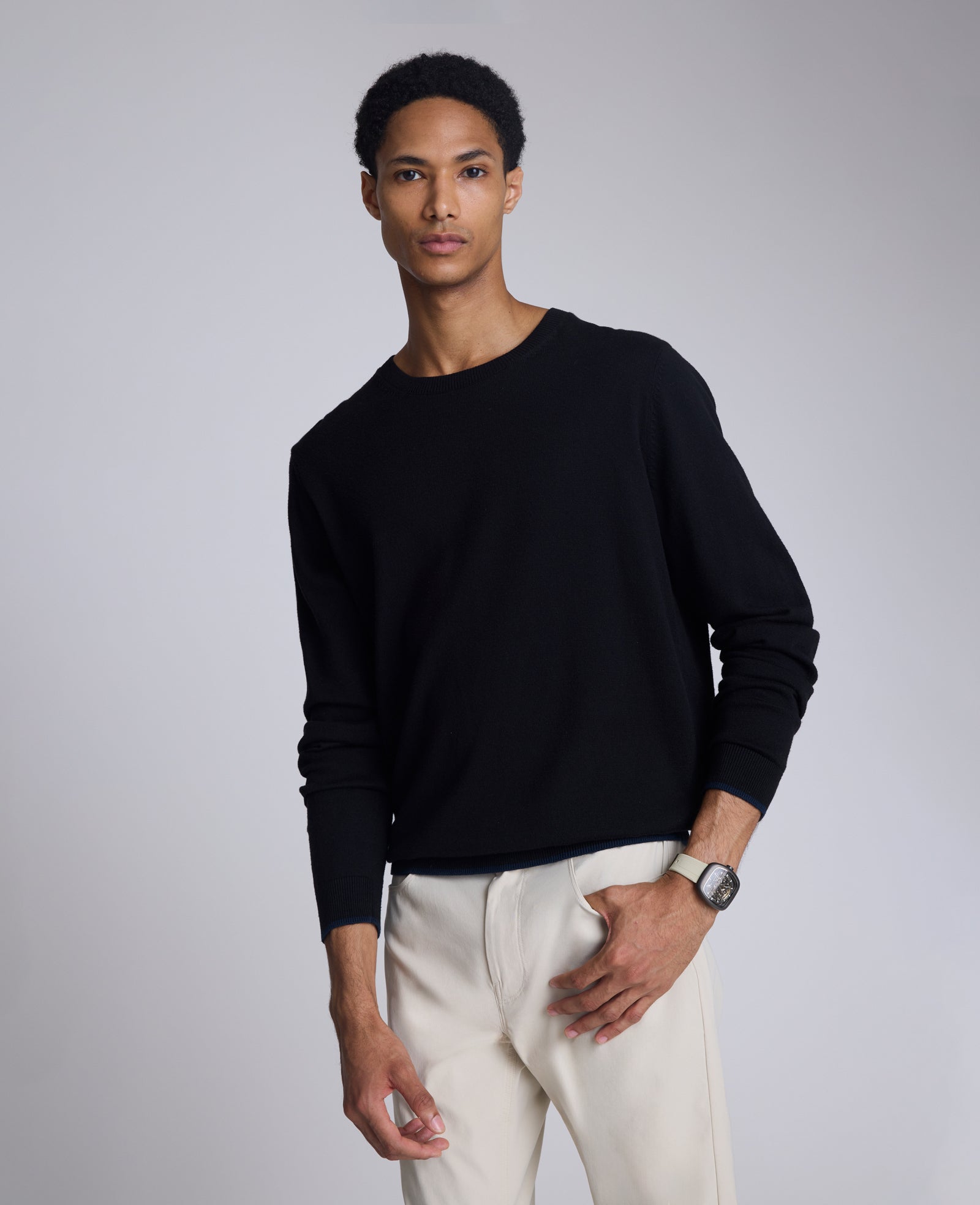 Kenneth Cole Black Crew Neck Sweater – Ribbed Cuffs & Classic Fit | KC | BLACK